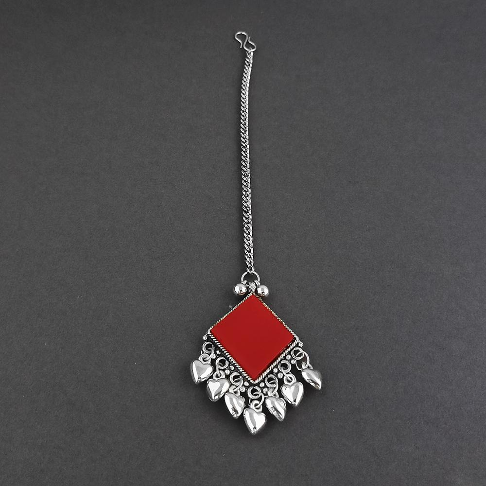 Jeweljunk Red Oxidised Silver Plated Maang Tikka - 1505653E