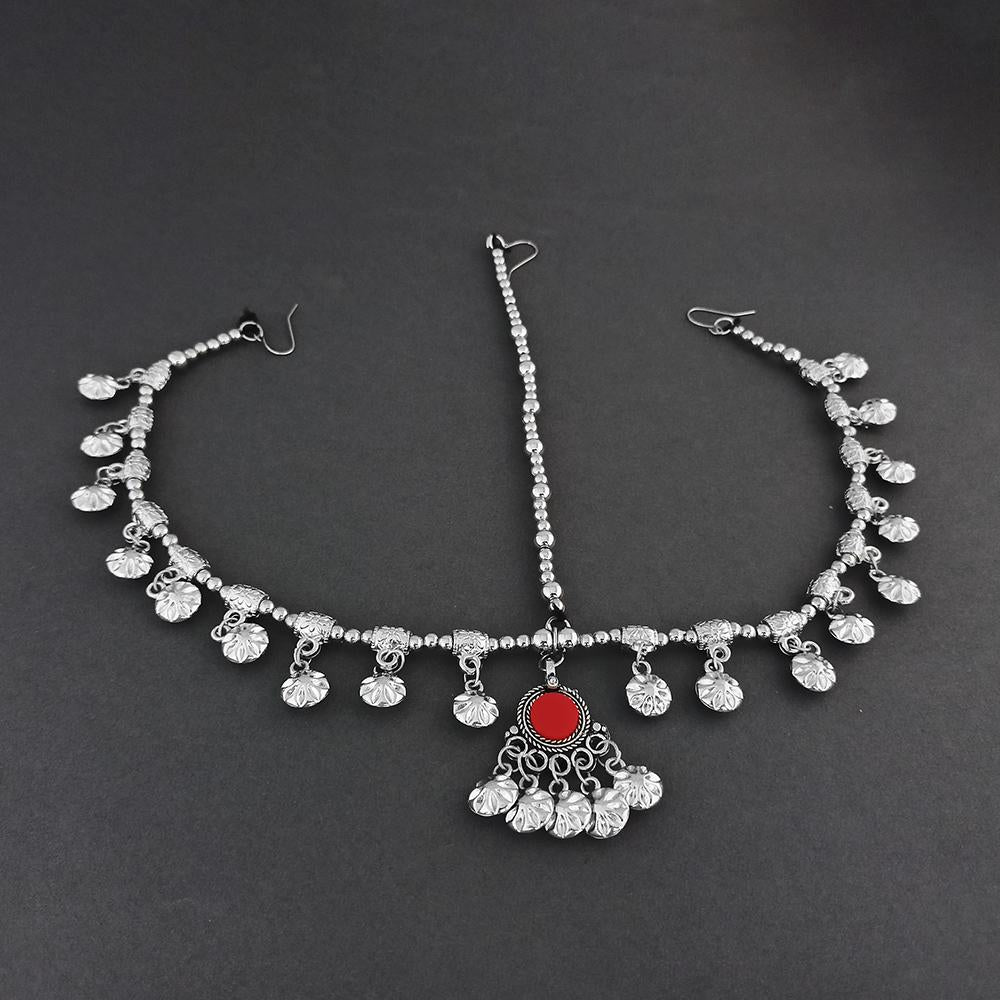 Jeweljunk Red Oxidised Silver Plated Maang Tikka - 1505656A