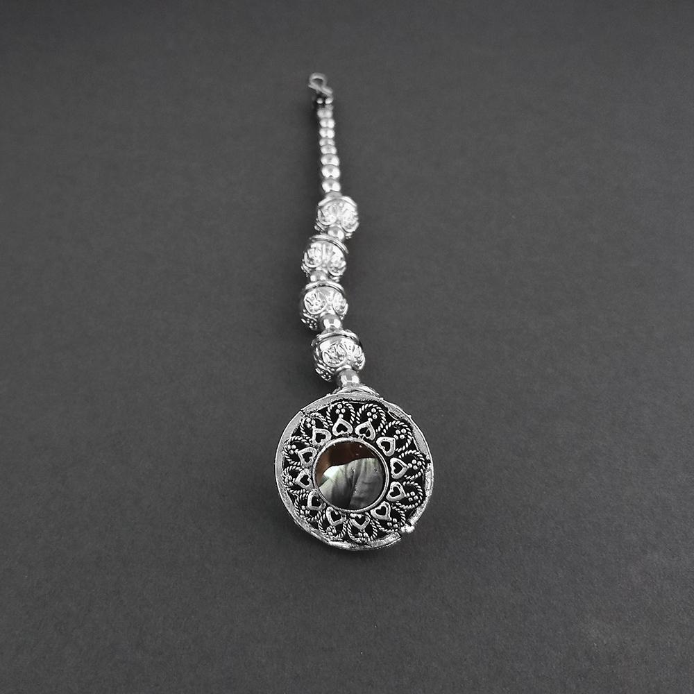 Jeweljunk Oxidised Silver Plated Mirror Borla Maang Tikka - 1505667B
