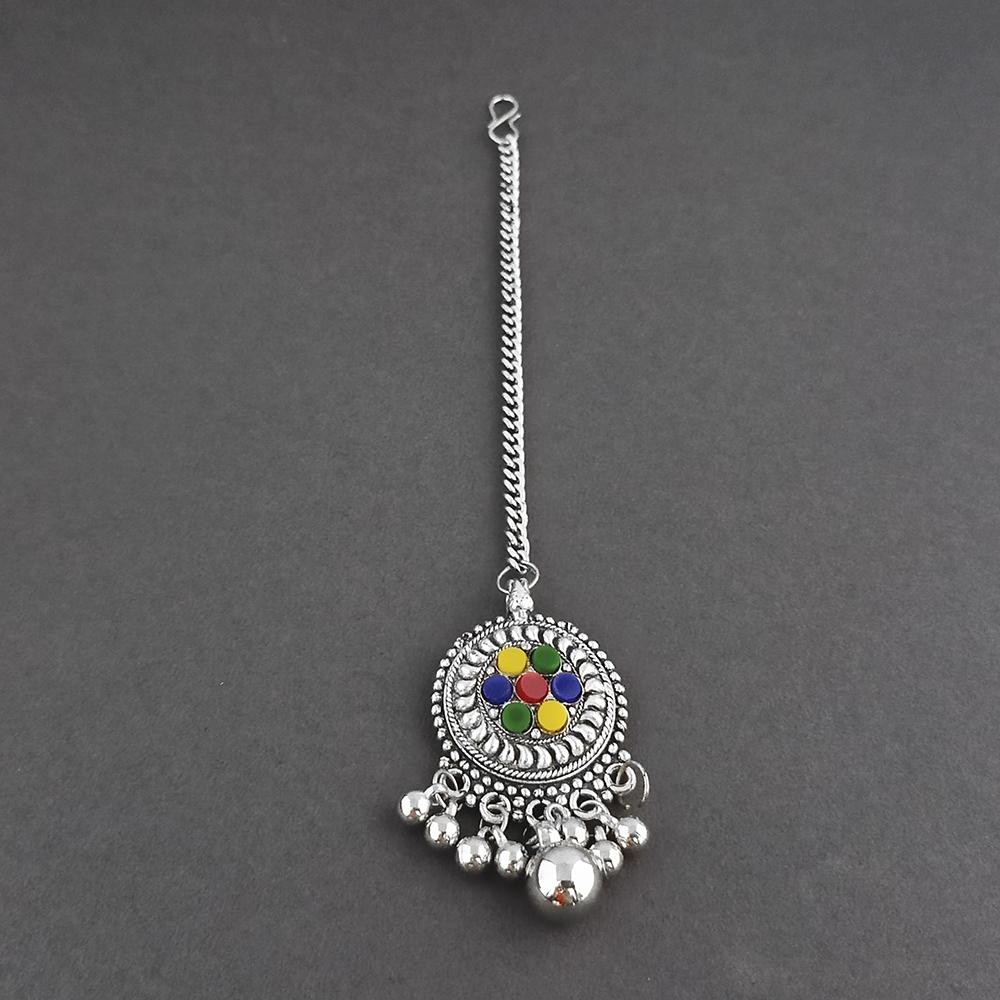 Jeweljunk Multi Coloe Oxidised Silver Plated Maang Tikka - 1505677