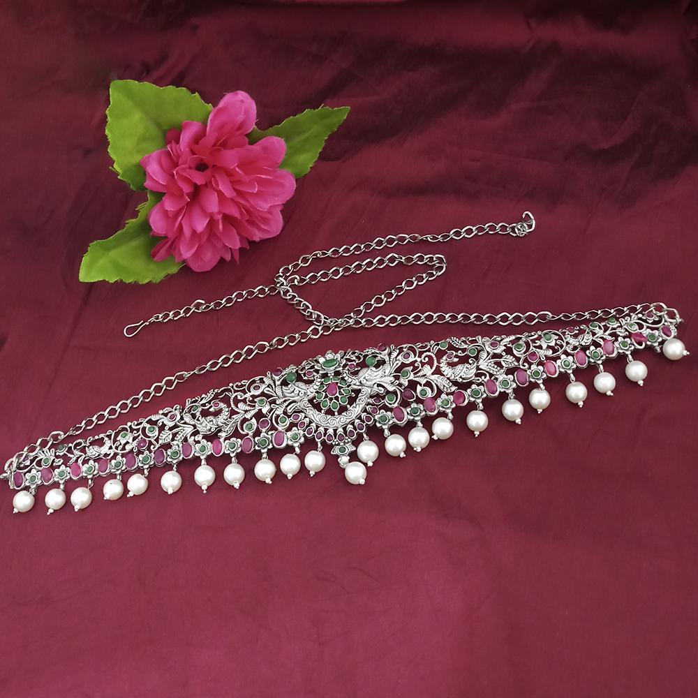 Tisha Oxidised Plated Pink & Green Pota Stone Kamarband - 1506703