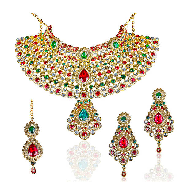 Mithya Stone Gold Plated Kundan Necklace Set With Maang Tikka - 2000115