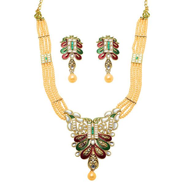 Tip Top Fashions Gold Plated Maroon Meenakari And Stone Necklace Set - 2000503