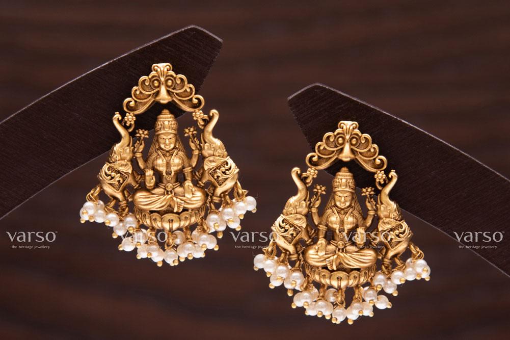 Varso Gold Antique Brass Alloy Pearl Dangler Earrings - 211028