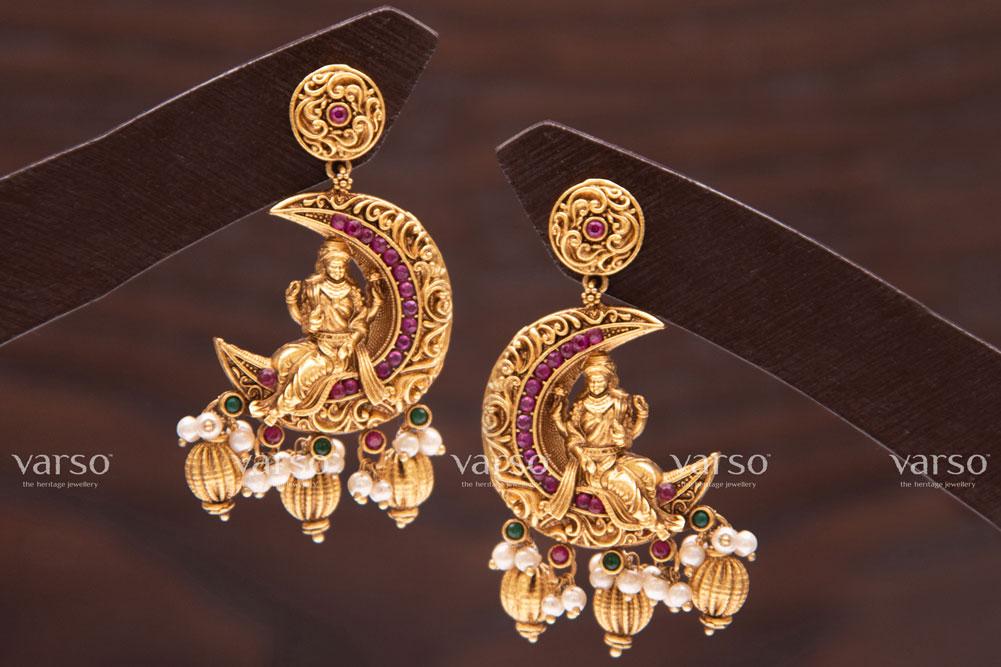 Varso Ruby & Emerald Gold Antique Brass Alloy Ball & Pearl Dangler Earrings - 211029