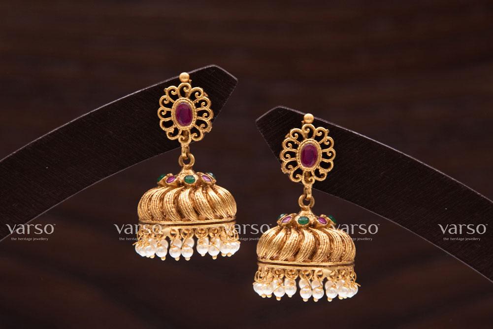 Varso Kempu & Emerald Gold Antique Brass Alloy Pearl Dangler Earrings - 211043