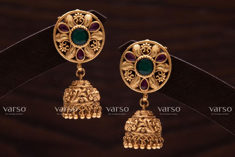 Varso Ruby & Emerald Gold Alloy Ball Jhumkas Earrings - 211065