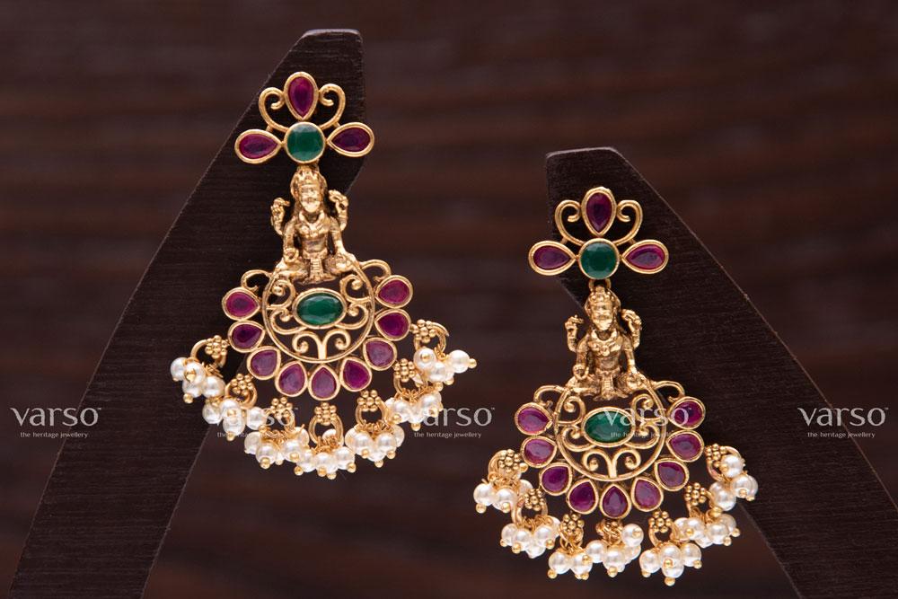 Varso Ruby & Emerald Gold Alloy Pearl Dangler Earrings - 211081