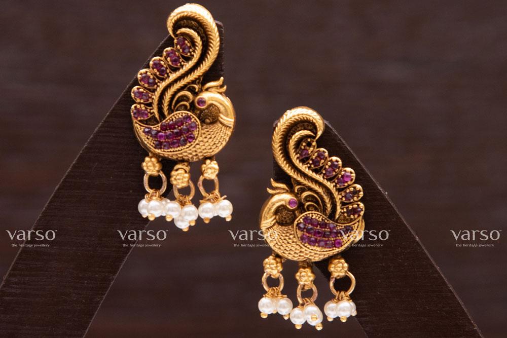 Varso Gold Alloy Ruby Dangler Earrings - 211087