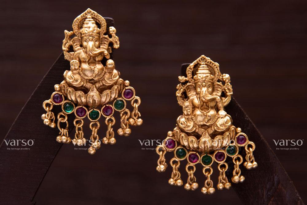 Varso Kempu & Green Gold Alloy Ball Dangler Earrings - 211114