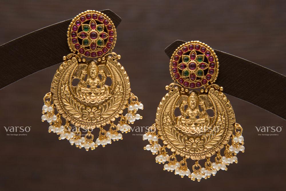 Varso Kempu & Green Gold Alloy Pearl Dangler Earrings - 211169