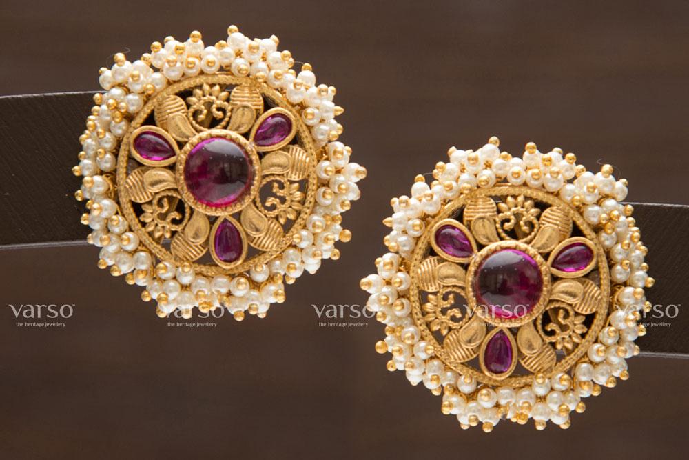 Varso Kempu Gold Alloy Pearl Dangler Earrings - 211171