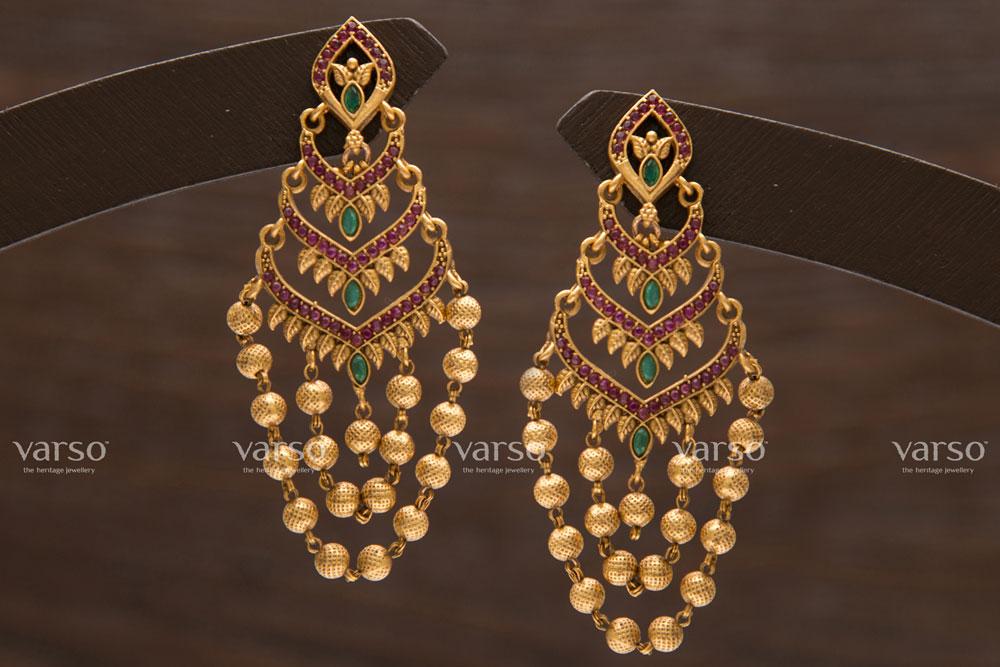 Varso Ruby & Emerald Gold Alloy Ball Dangler Earrings - 211216