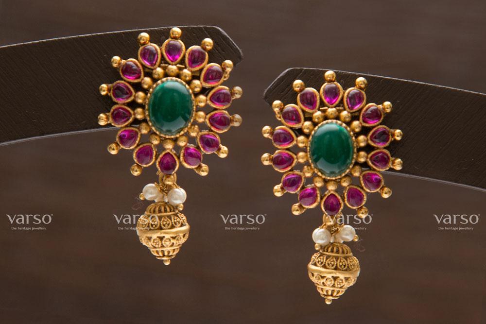 Varso Kempu & Green Gold Alloy Ball & Pearl Dangler Earrings - 211218