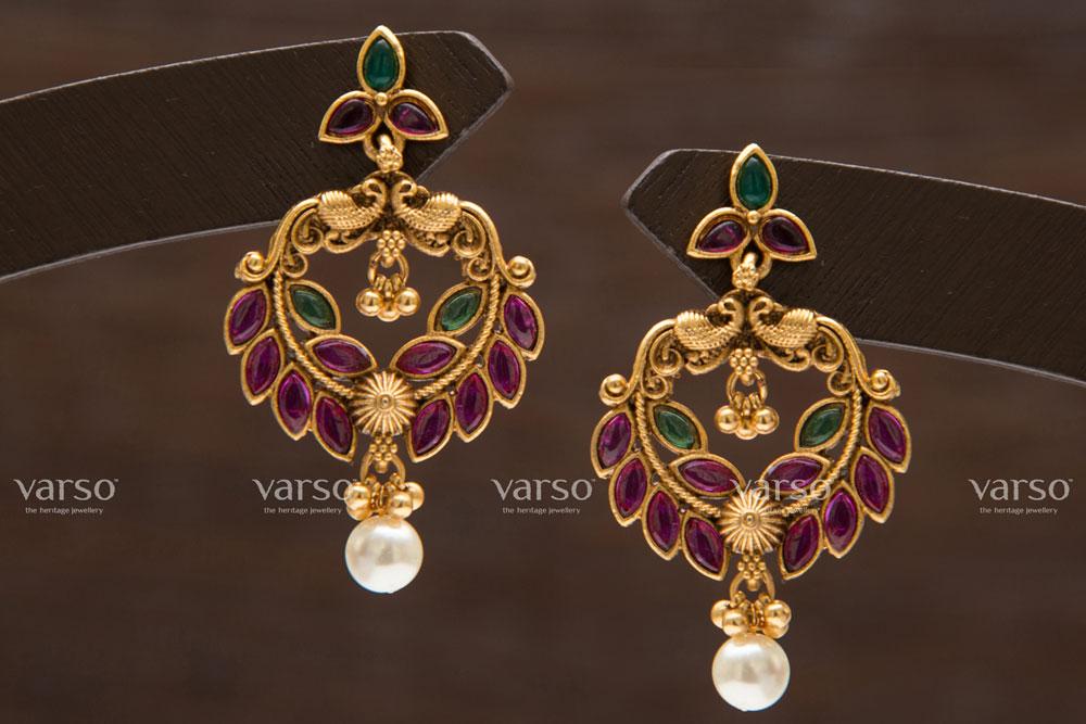 Varso Kempu & Green Gold Alloy Ball & Pearl Dangler Earrings - 211222