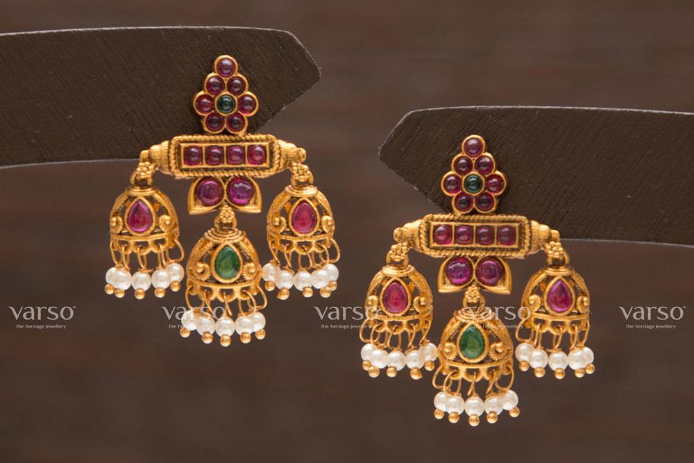 Varso Kempu & Green Gold Alloy Pearl Dangler Earrings - 211224