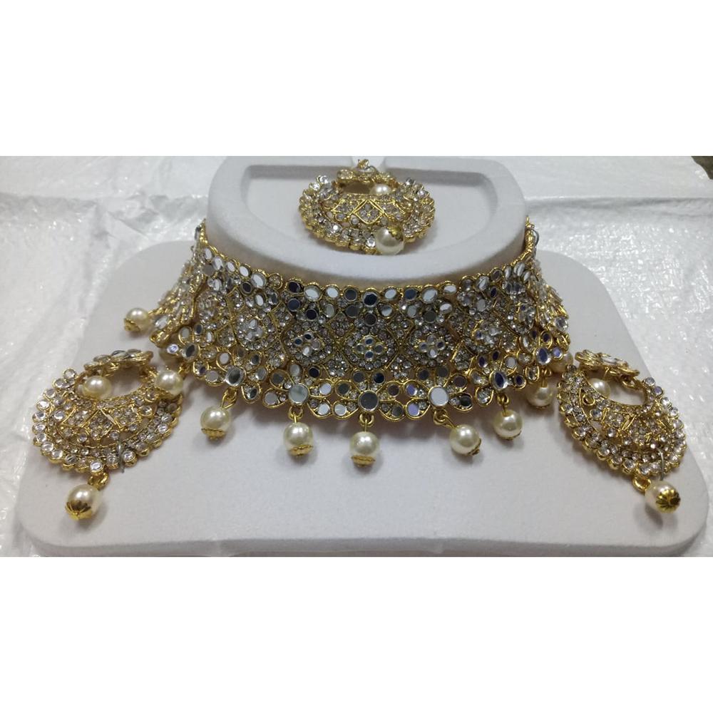 Jinu Arts Gold Plated Austrian Stone Kundan Mirror Choker Necklace SetWith Maangtikka  - 2900326
