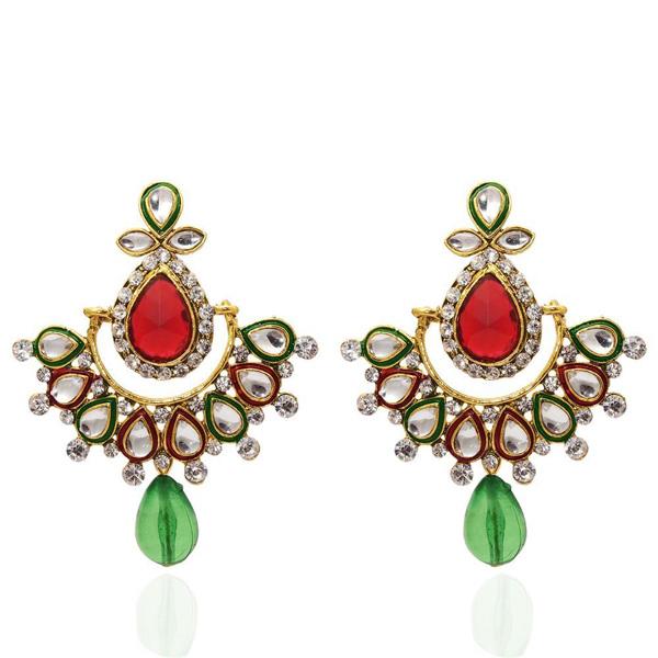 The99Jewel Red & Green Stone Meenakari Chandbali Earrings - 1304811
