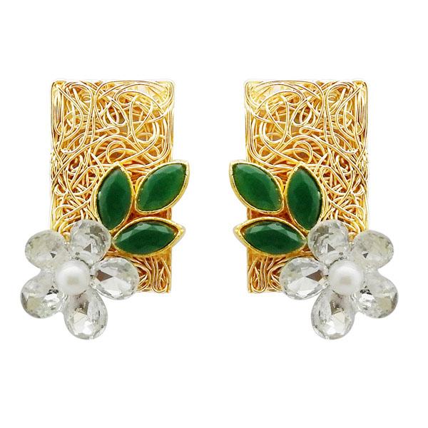 Kriaa Gold Plated Green Resin Stone Floral Dangler Earrings - 1311405H