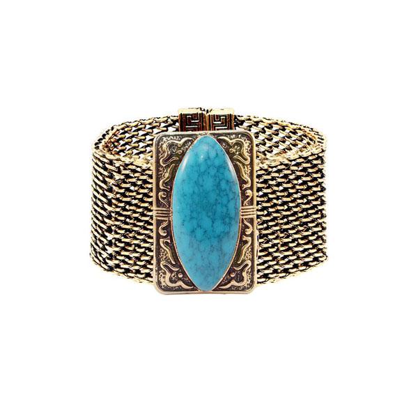 Urthn Turquoise Texture Stone Antique Gold Magnetic Bracelet - 1402412C
