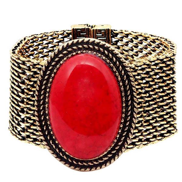 Urthn Red Turquoise Texture Stone Antique Gold Bracelet - 1402419A