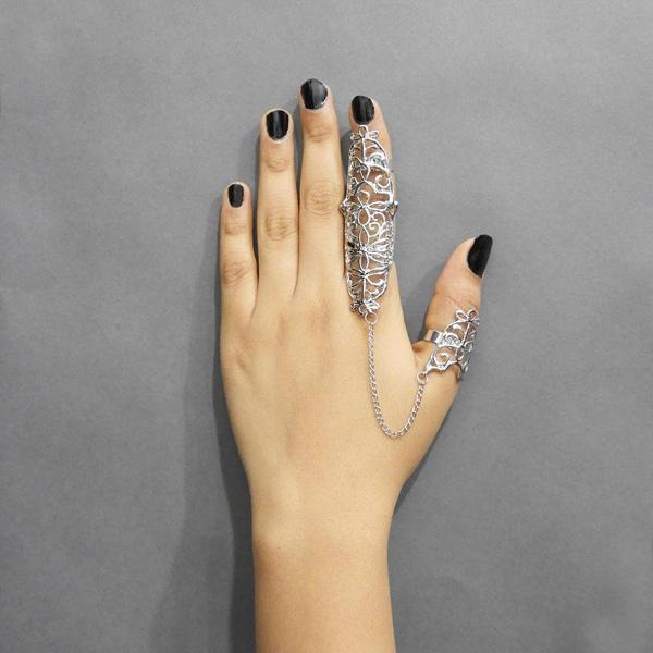 Urthn Silver Plated Chain Floral Double Ring - 1502305B