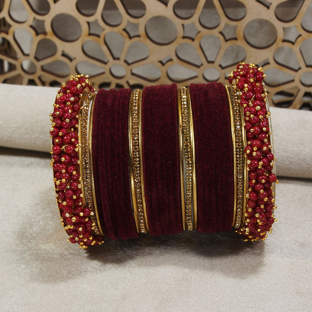 Etnico Gold Plated Traditional Pink Velvet Chuda Bangle Set With Pearl Kada (ADB315Pi-a) (Pack of 1)