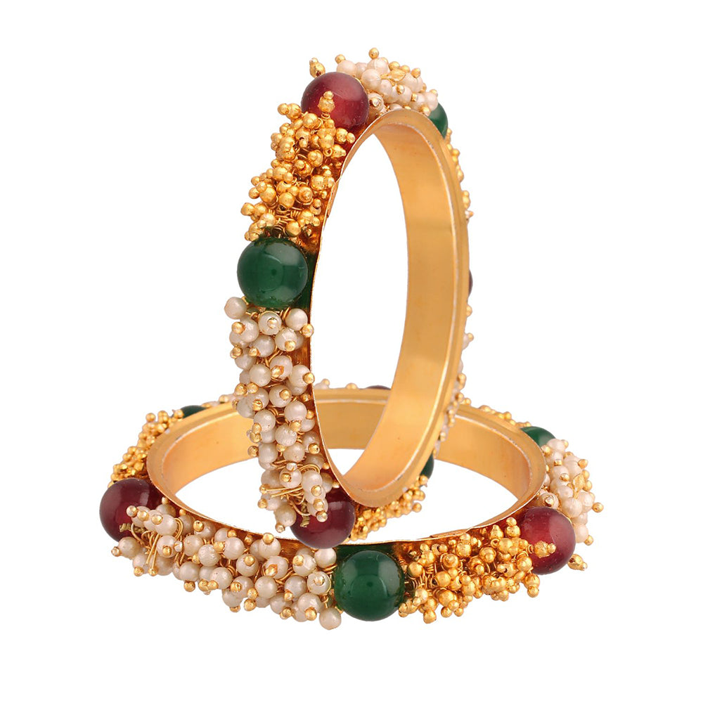 Etnico Gold Plated Traditional Pearl Beaded Bangle Set For Women (ADB319FL-a) (Pack of 2)