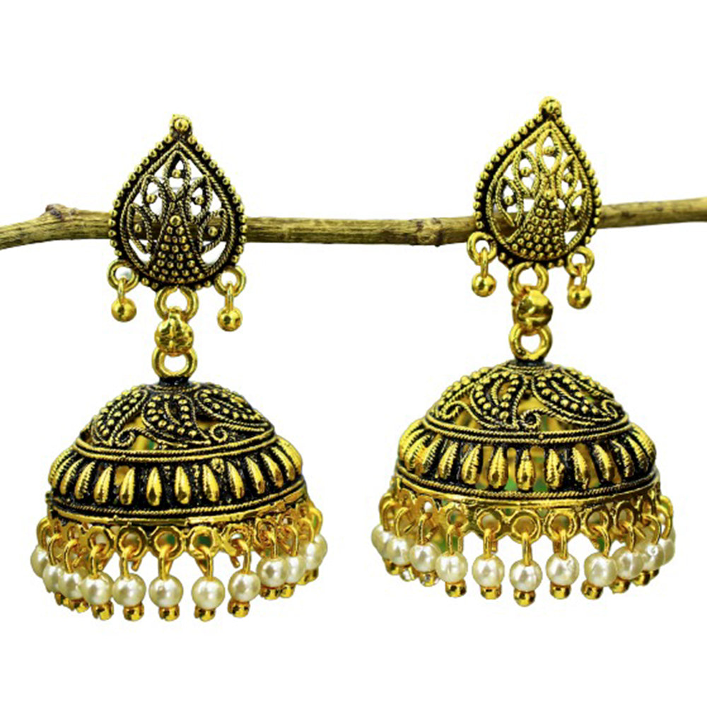 Mahavir Gold Plated & White Beads Jhumki Earrings