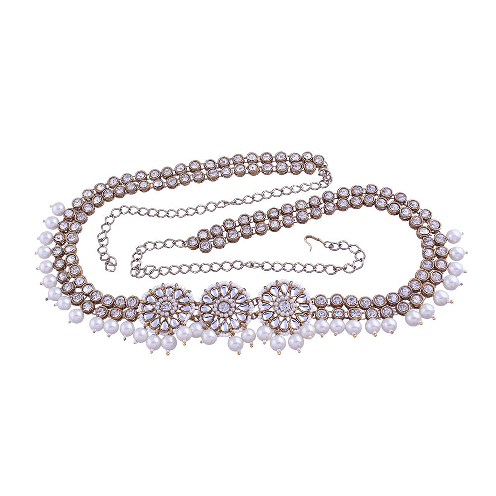 Etnico 18K Gold Plated Traditional Kundan & Pearl Studded Adjustable Kamarband/Belly Chain For Women/Girls (B033W)