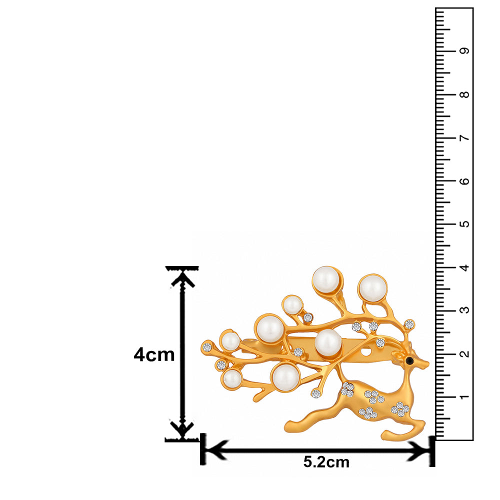 Mahi Running Deer Shaped Shirt Stud / Brooch Lapel Pin with Artificial Pearl and Crystals for Women (BP1101090GWhi)