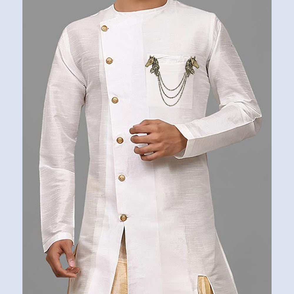 Mahi Antique Gold Plated Dual Horse Shaped Tassel Chain Sherwani Brooch for Men (BP1101098G)