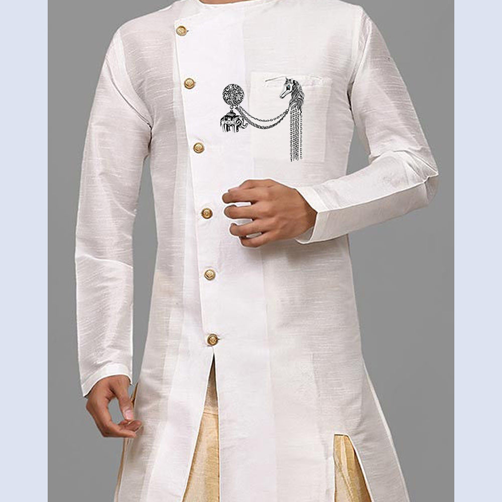 Mahi Antique Rhodium Plated Baby Elaphant and Horse Face Shaped Floral Brooch Pin with Chain for Men (BP1101101R)