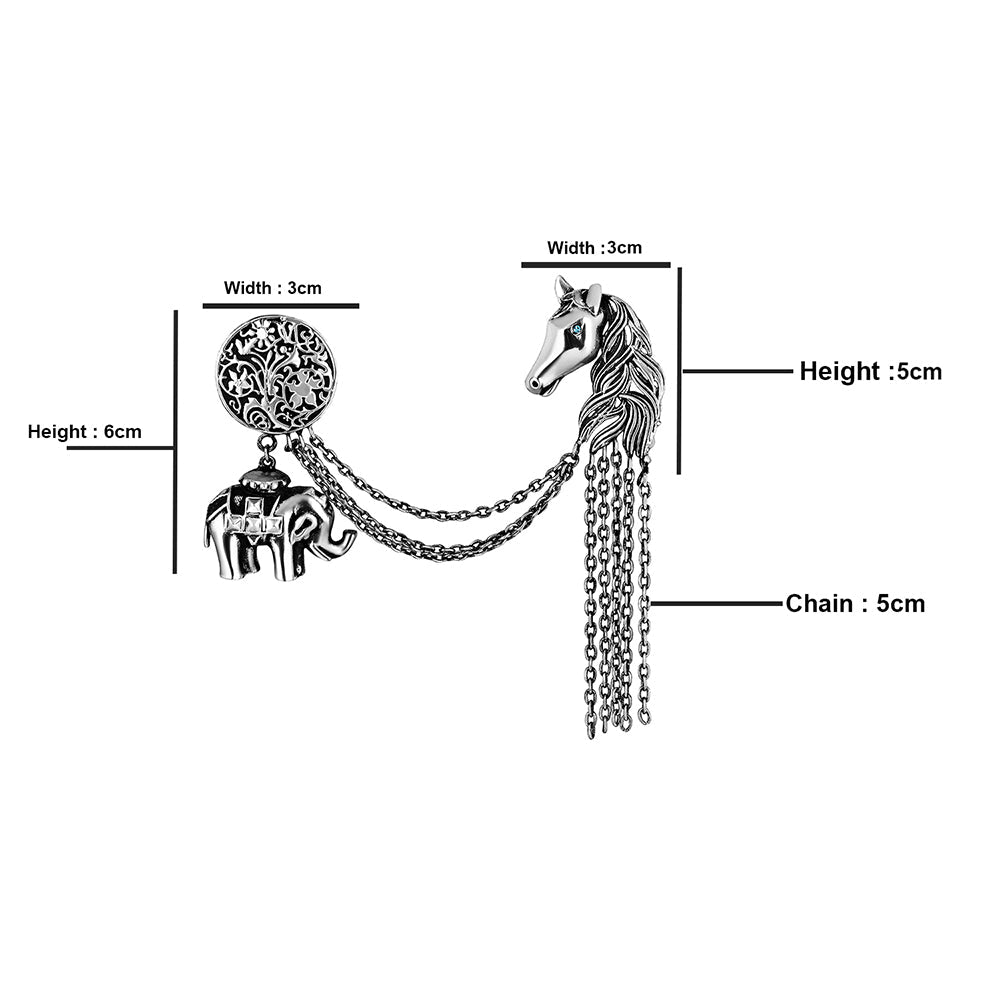 Mahi Antique Rhodium Plated Baby Elaphant and Horse Face Shaped Floral Brooch Pin with Chain for Men (BP1101101R)