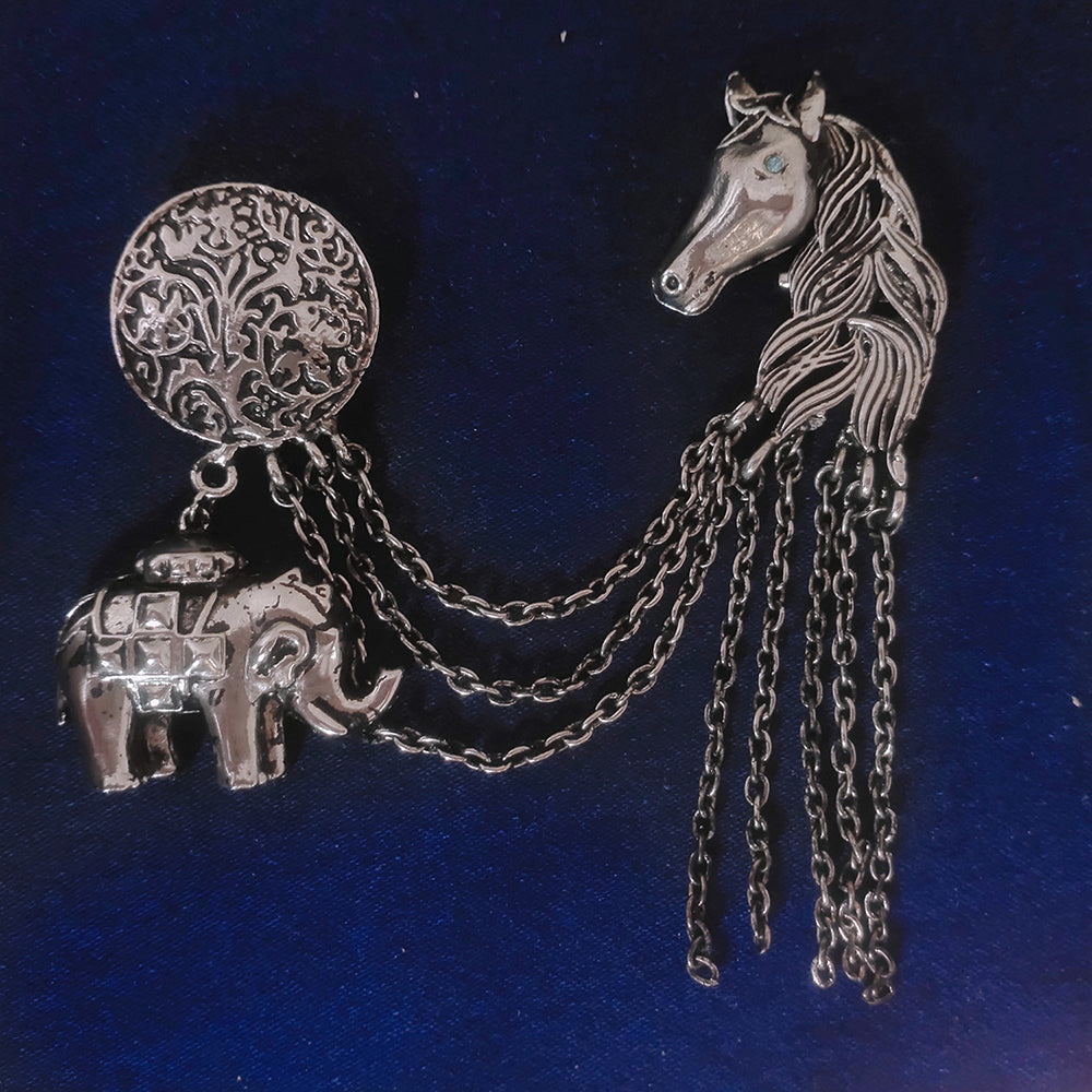 Mahi Antique Rhodium Plated Baby Elaphant and Horse Face Shaped Floral Brooch Pin with Chain for Men (BP1101101R)
