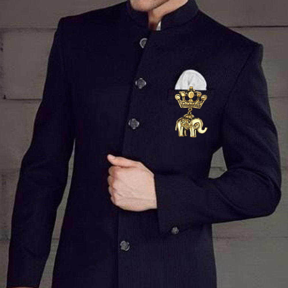 Mahi Gold Plated Crown and Baby Elephant Shaped Shervani Brooch for Men (BP1101111G)