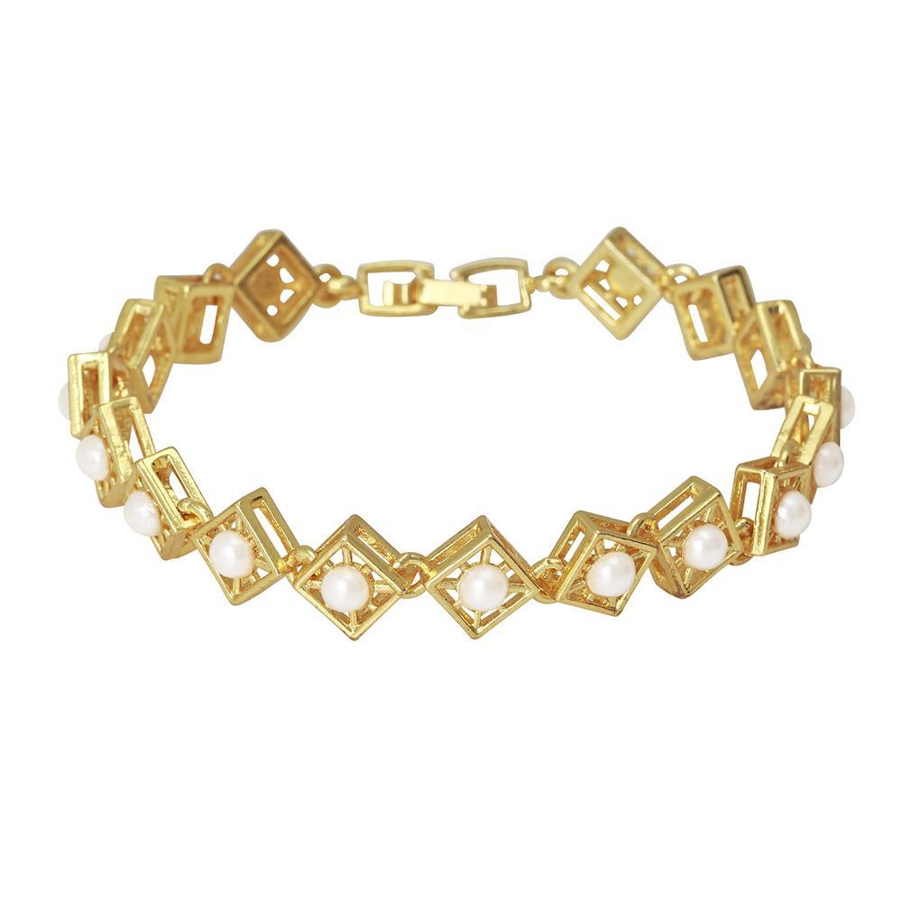 Mahi Crystal Square Pearl Gold Plated Bracelet For Women