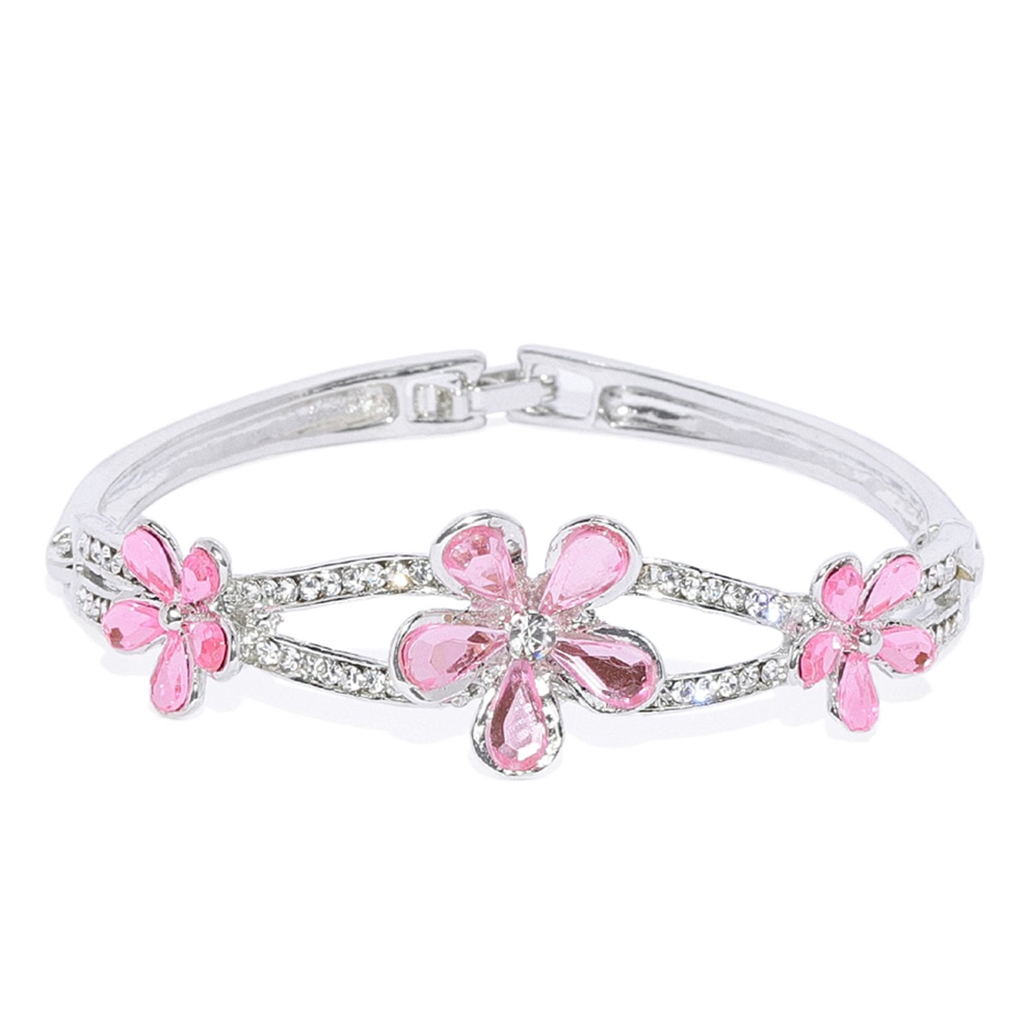 Mahi Rhodium Plated Exquisite Floral Love Crystal Bracelet for girls and women - BR1100365R