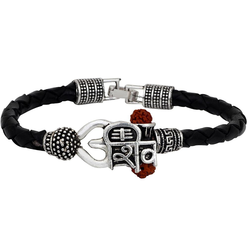 Mahi Lord Shiv Mahakal Shiva Trisul, Rudraksh Leather Bracelet Kada for Men (BR1100423R)