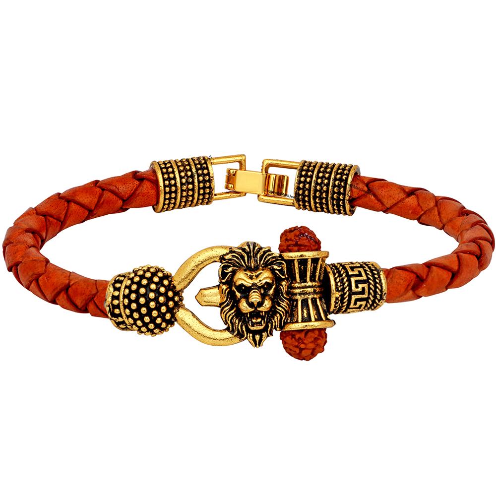 Mahi Lord Shiv Trishul Damru Narasimha Rudraksh Leather Bracelet Kada for Men (BR1100424G)