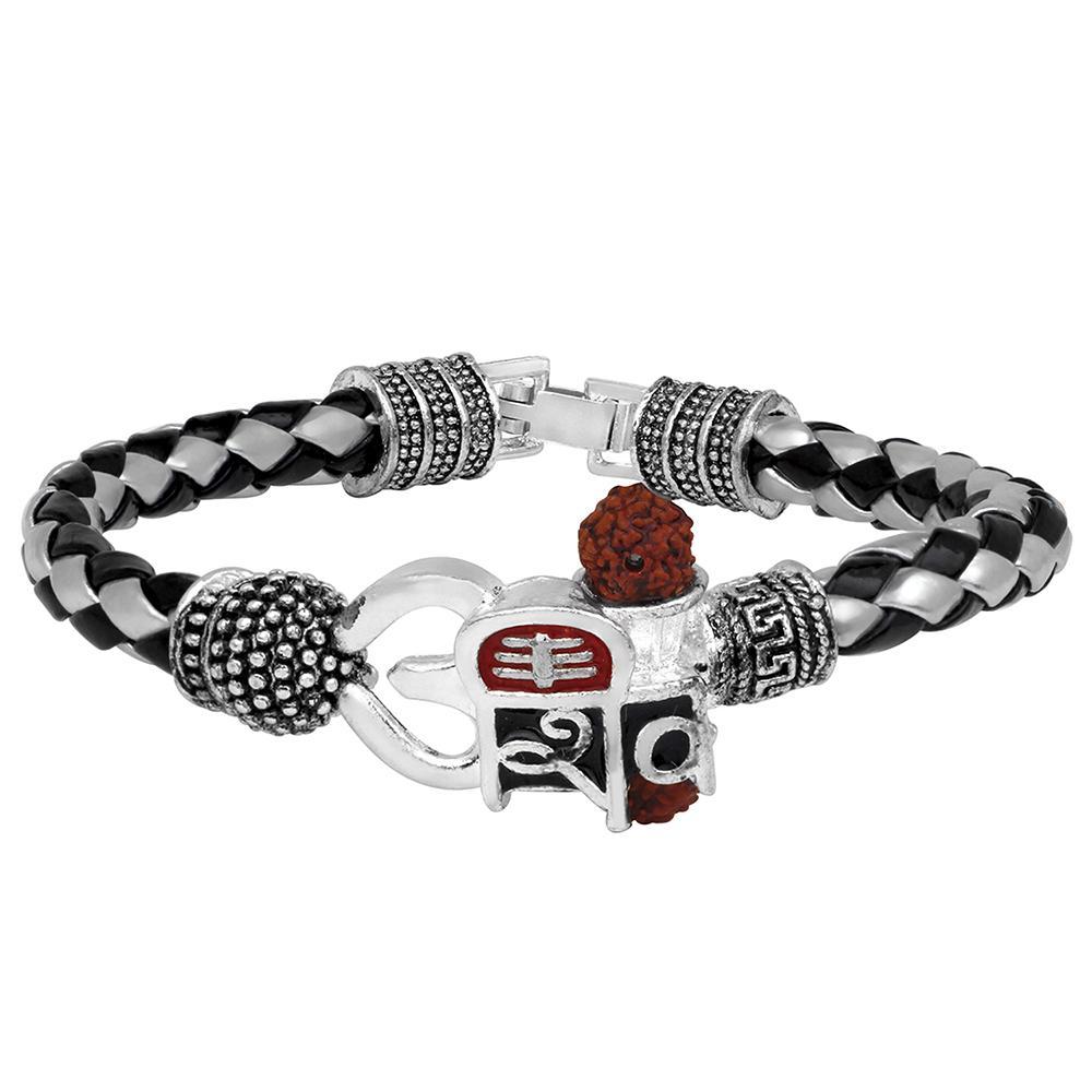 Mahi Om Shiva Trishul Om Shiva Damroo Rudraksha Alloy and Leather Kada Bracelets for Men (BR1100439R)