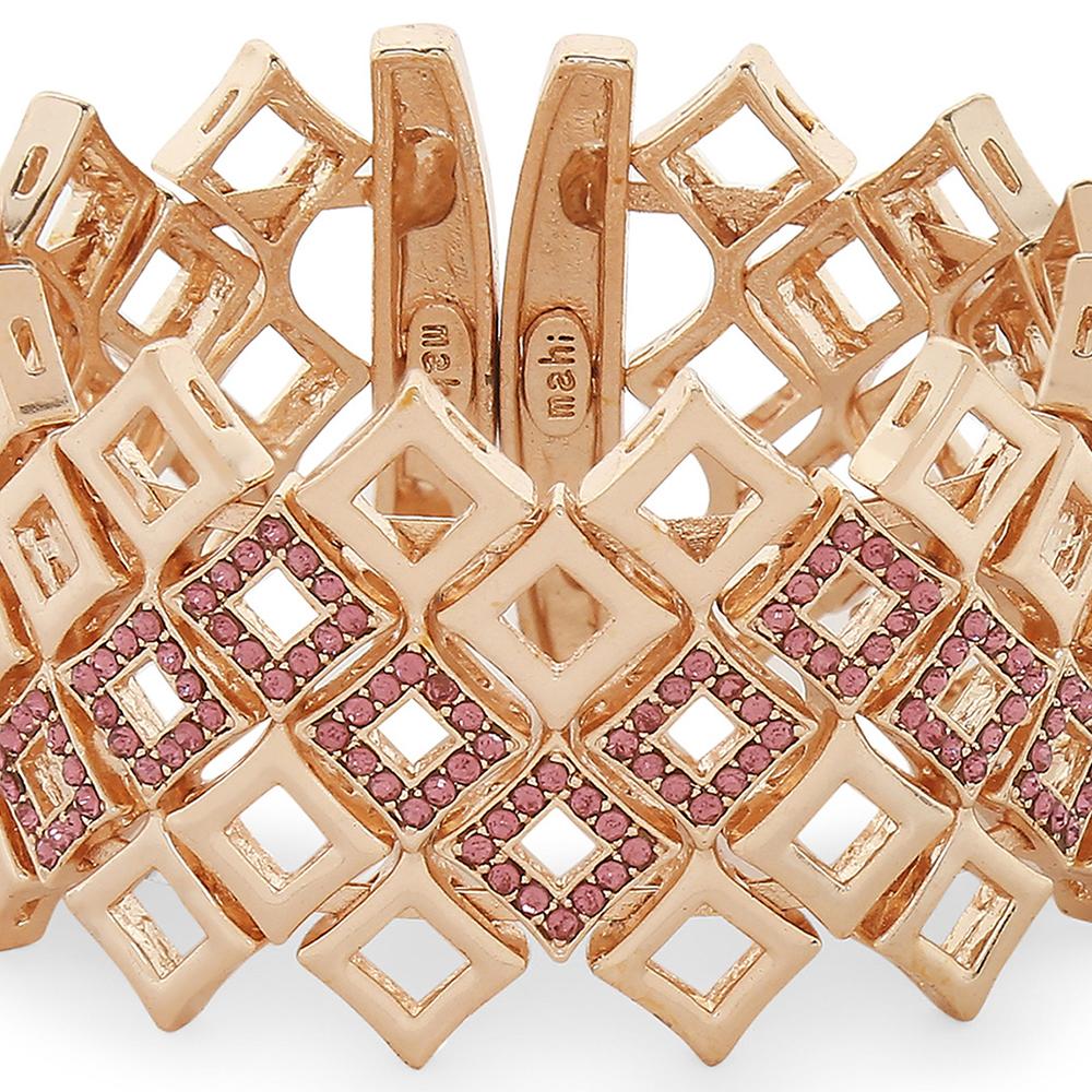 Mahi Squarish Rose Gold Plated Cuff Kada Bracelet with Pink Crystals for Women (BR1100442Z)