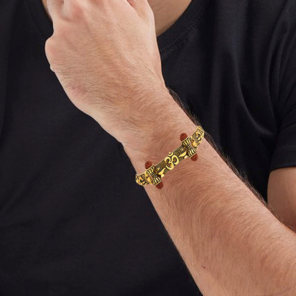 Mahi Antique Gold Plated Shivlinga OM Trishul Rudraksha Bracelet Kada for Mens (BR1100472G)