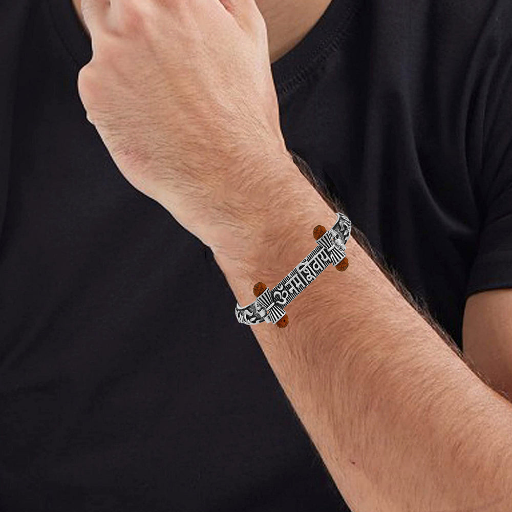 Mahi Silver Oxidised Plated Om Namo Shivay and Trishul Rudraksha Bracelet Kada for Mens (BR1100478R)