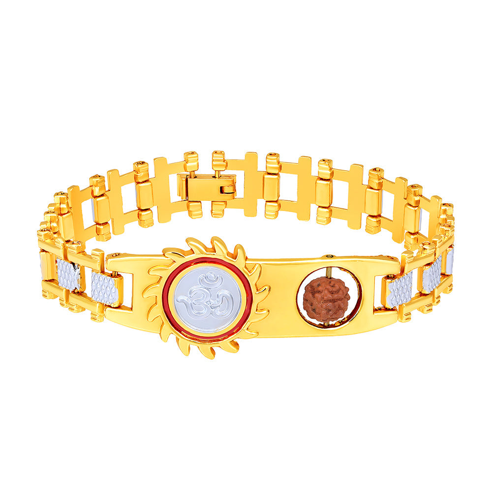 Mahi Gold and Rhodium Plated Om Sun Kada Bracelet with Rudraksh and Red Mee Work for Men (BR1101024M)