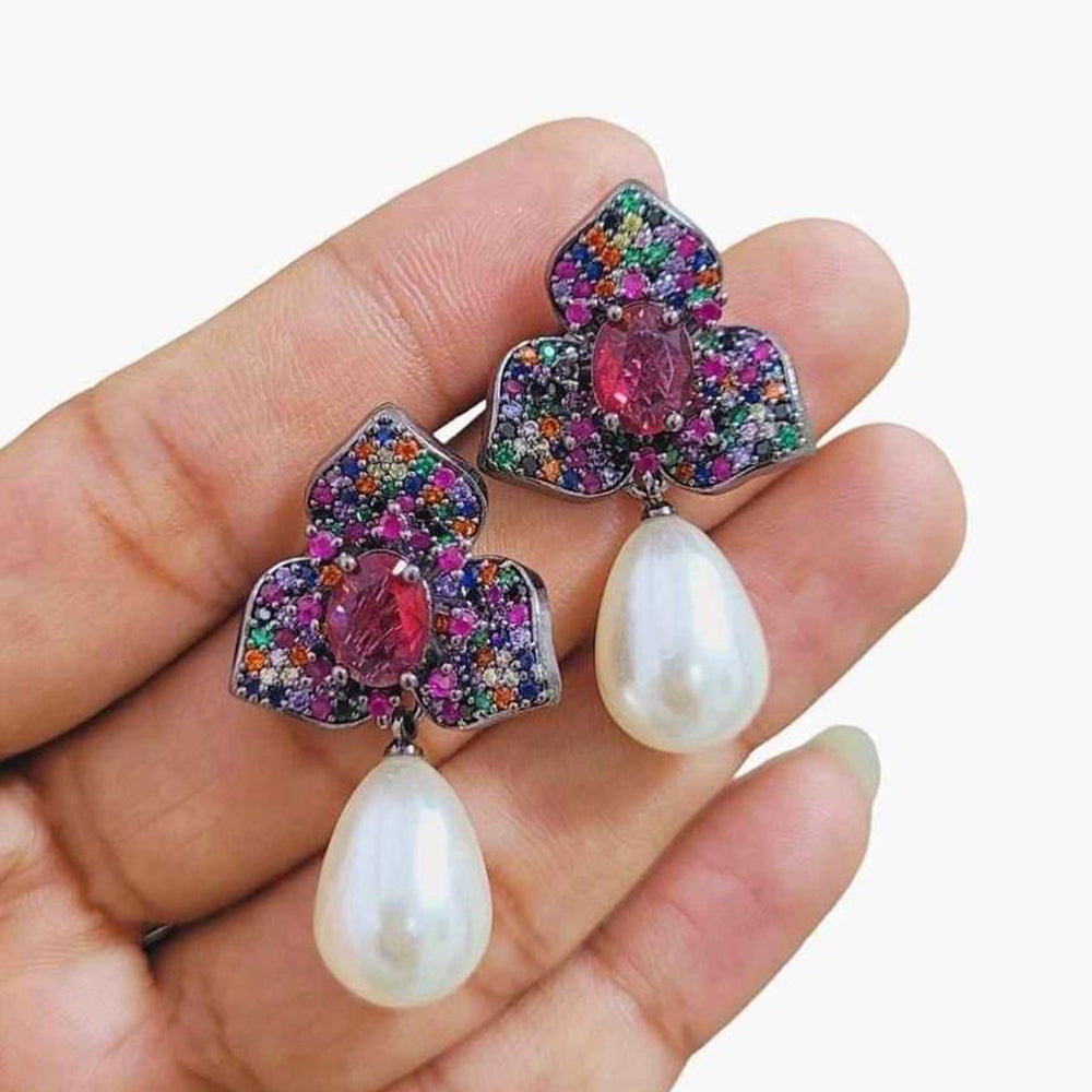 JewelTreeTz Gold Plated Beautiful Micro Pave Petal with Pearl Drops Earrings (Piece 1 Only)