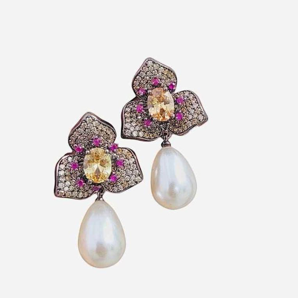 JewelTreeTz Gold Plated Beautiful Micro Pave Petal with Pearl Drops Earrings (Piece 1 Only)