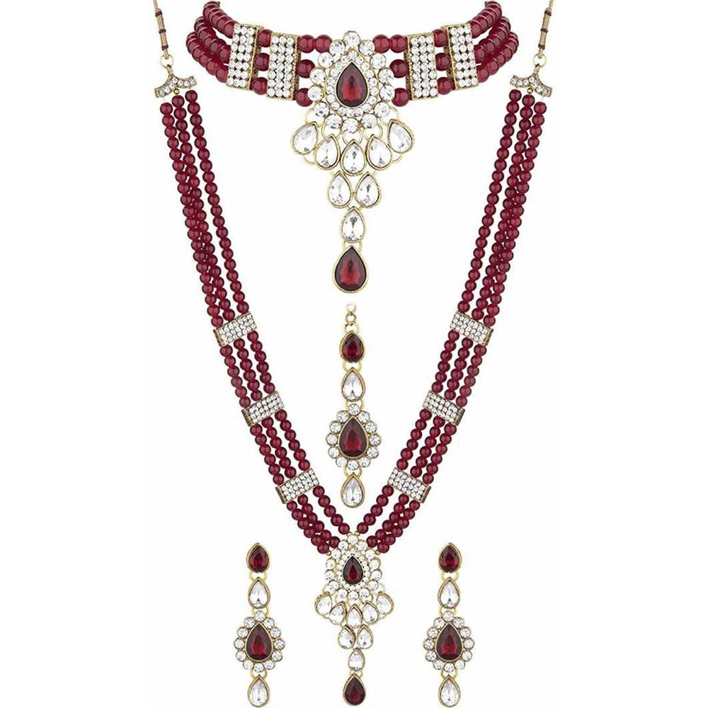 Mahi Ethnic Gold Plated Maroon and White Kundan Necklace set for Women