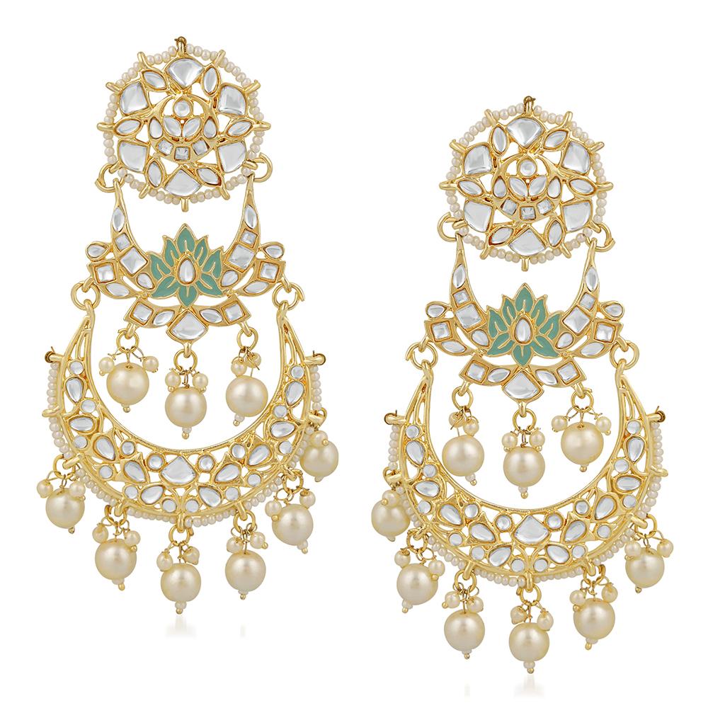 Mahi Ethnic Gold Plated White Kundan Chandbali Dangler Earring For Women VECJ100209