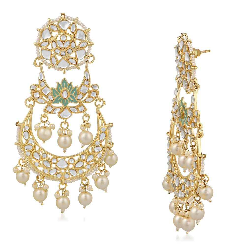 Mahi Ethnic Gold Plated White Kundan Chandbali Dangler Earring For Women VECJ100209